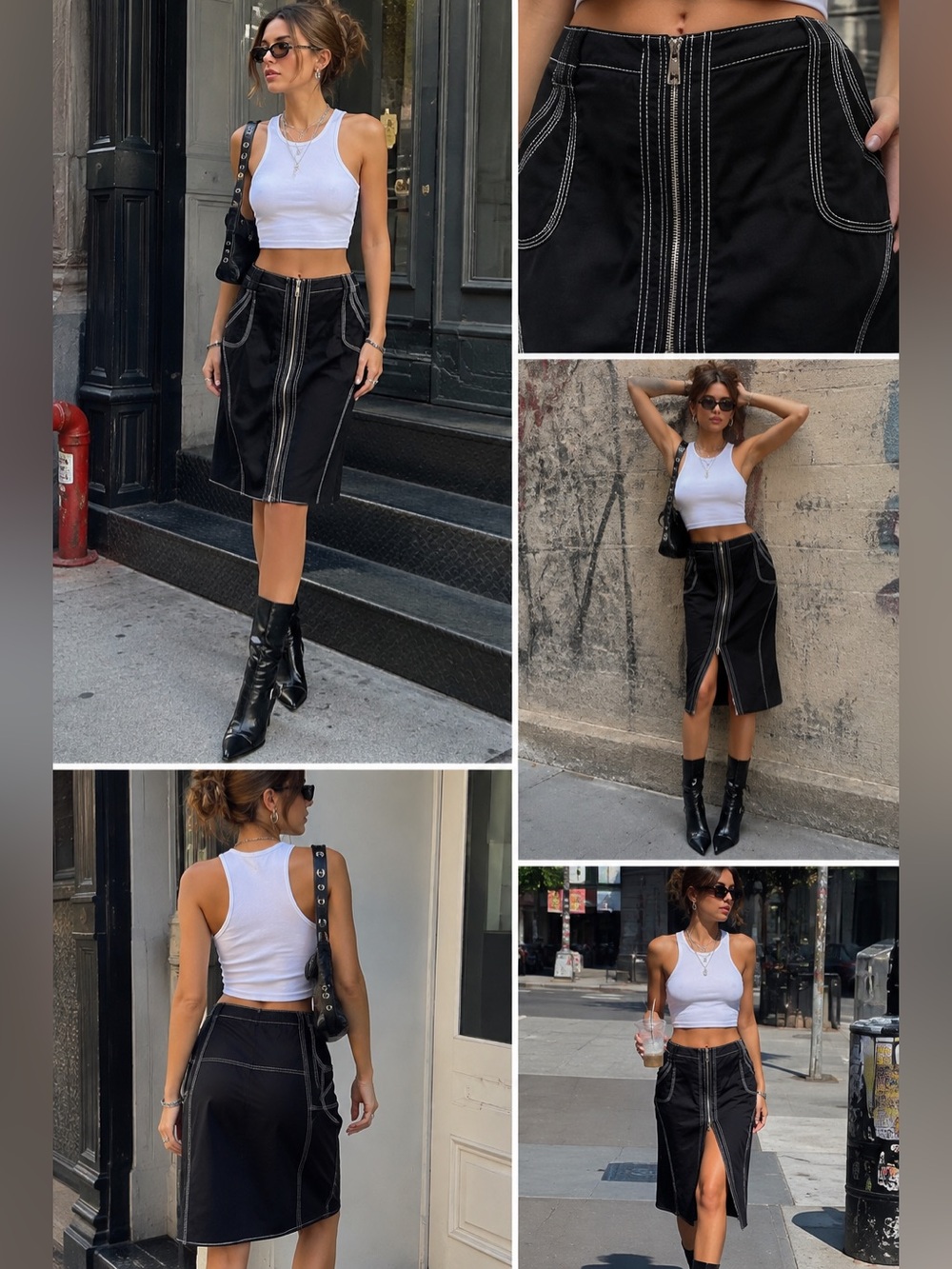 Black Contrast-Stitch Front-Zip Pencil Skirt